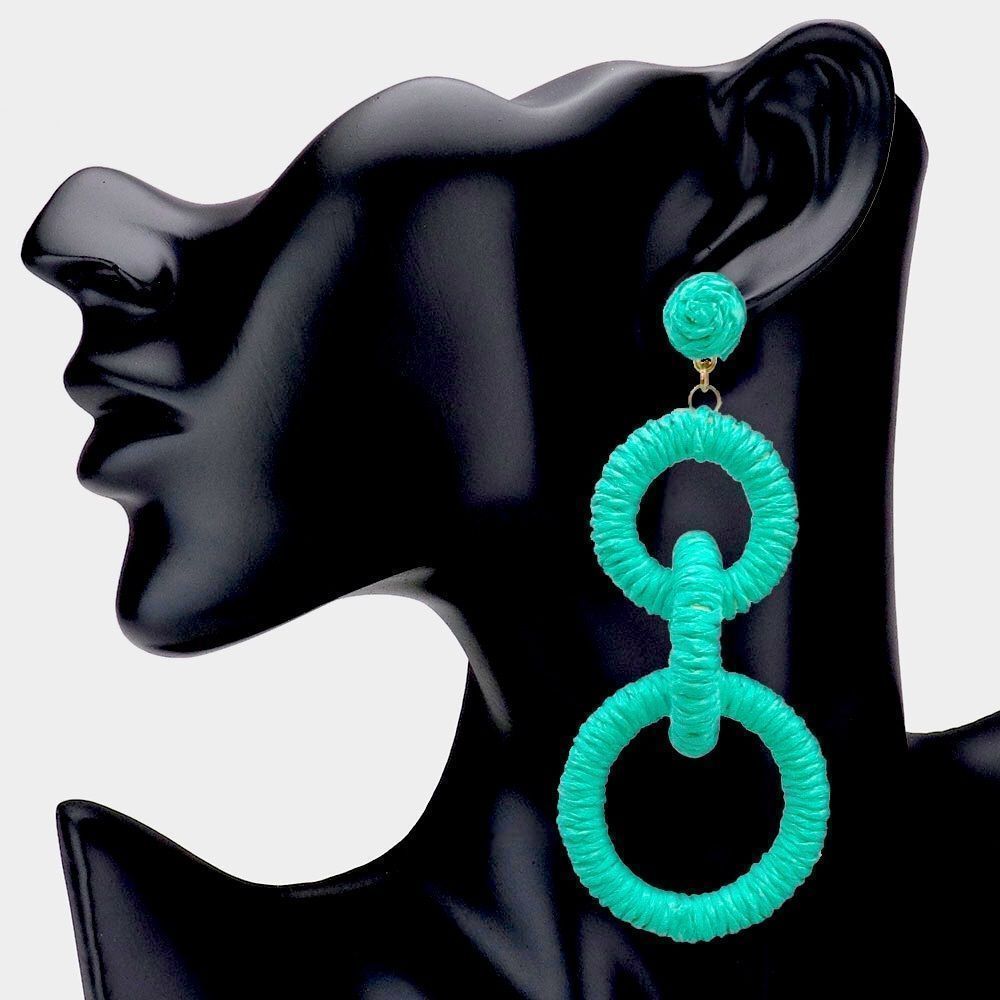 Turquoise Wrapped Straw Triple Open Circle Link Drop Statement Earrings